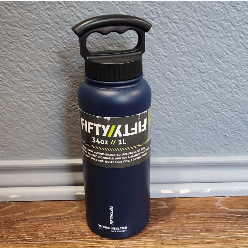 NWT Fifty Fifty 34 oz Navy Blue Vacuum Insulated Stainless Steel Water Bottle
